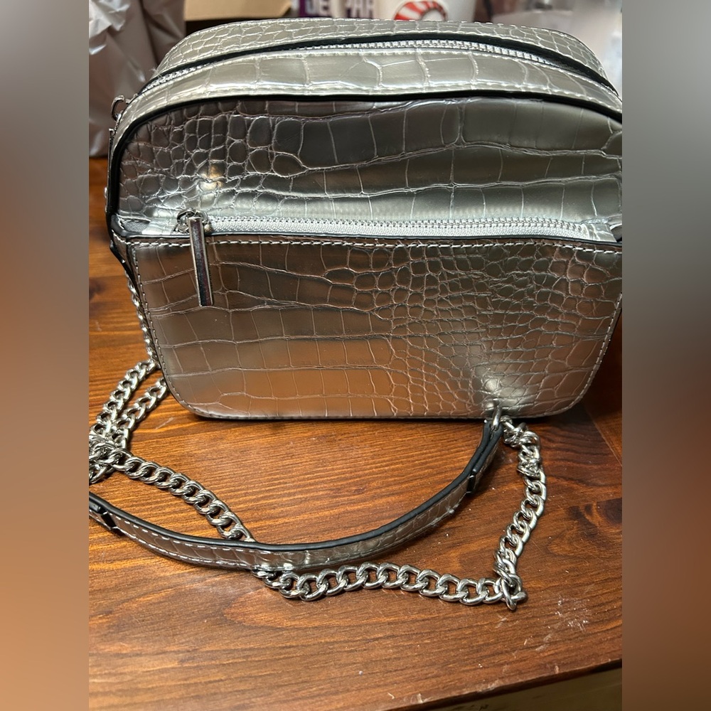 stradivarius Metallic Silver Croc-Embossed Crossbody Bag